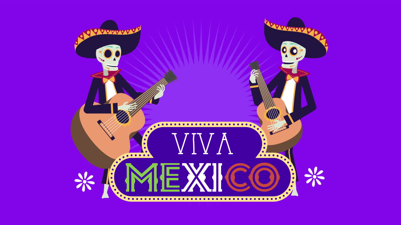 animace Viva Mexiko s mariachi lebkami hrajícími na kytary
