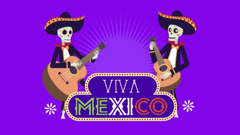 viva mexico animation with skulls mariachis playing guitars