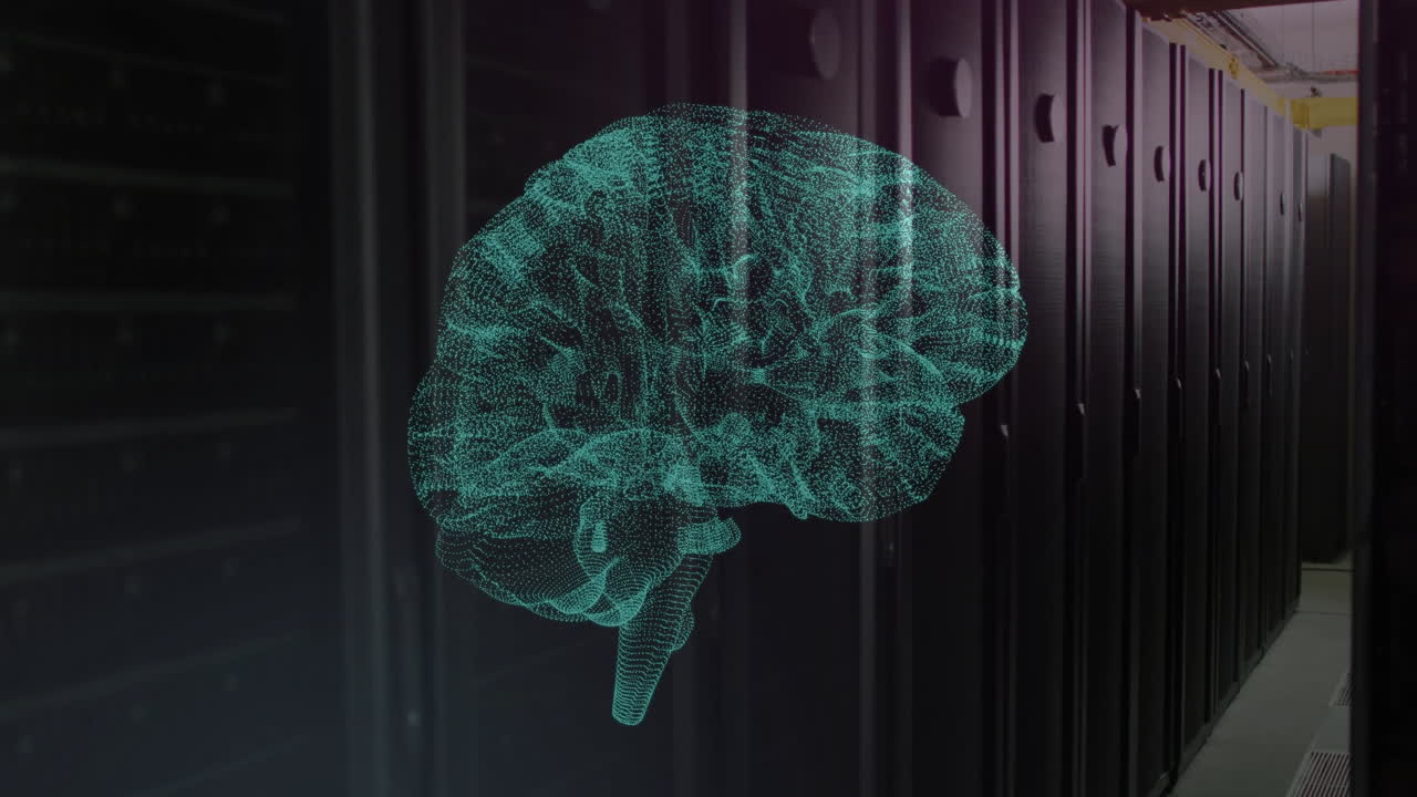 Animation of ai data processing and brain over computer servers