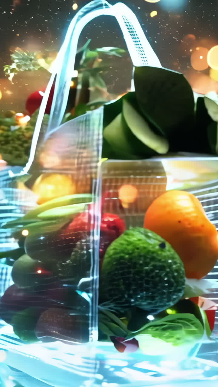 A bag of fruit is displayed in a store window. The fruit includes apples, oranges, and tomatoes. The bag is transparent, allowing the fruit to be seen through it. Concept of freshness and abundance
