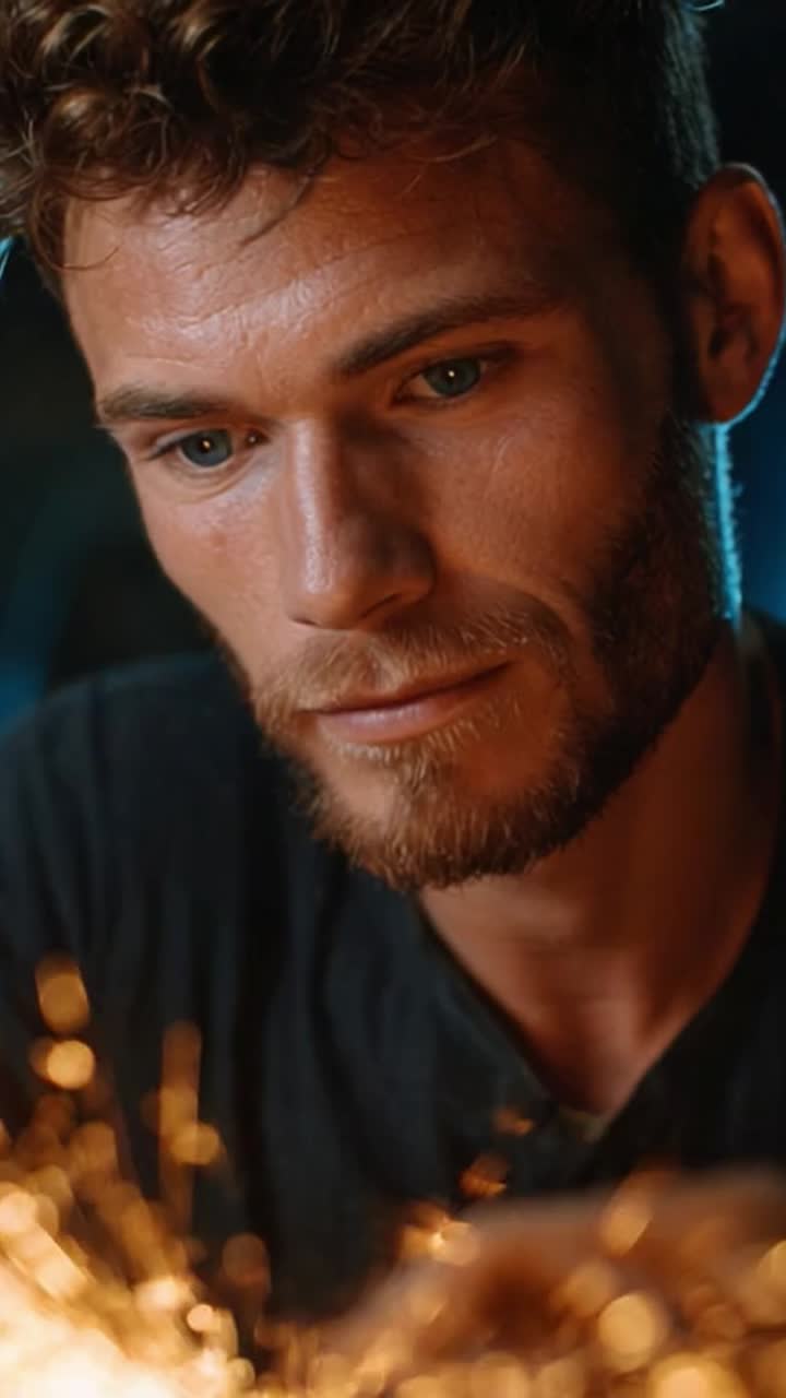 Focused Artisan Engaged in Crafting, Capturing the Intensity and Precision of His Work with Sparks Reflecting Creativity and Passion in a Dimly Lit Workshop