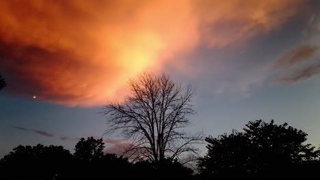 Dramatische-Gewitterwolken-Bei-Sonnenuntergang-Mit-Silhouettierten-Bäumen-Und-Mond