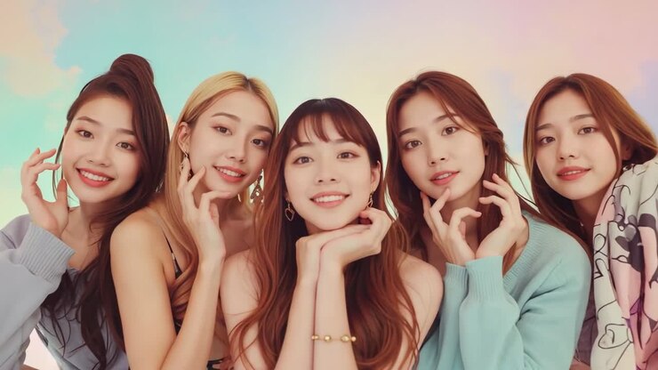 Camera zooming leading five performers leaning and framing faces in cloud scene with balloon props