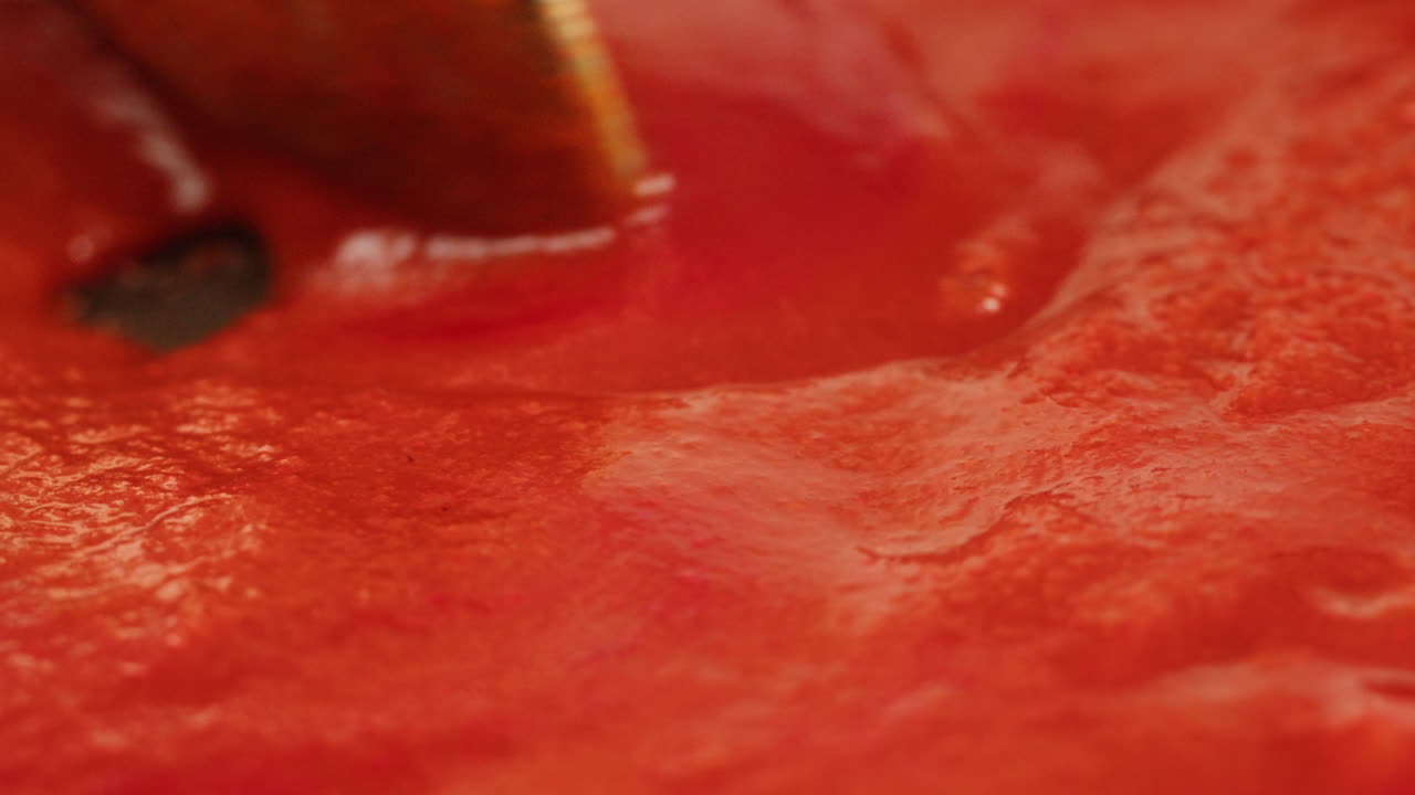 Chicken in tomato sauce is boiling on a frying pan with spices. Cooking tomato sauce curry with chicken fillet. Traditional Italian Mexican Asian dish. High quality studio shot for cafe, restaurant close up.