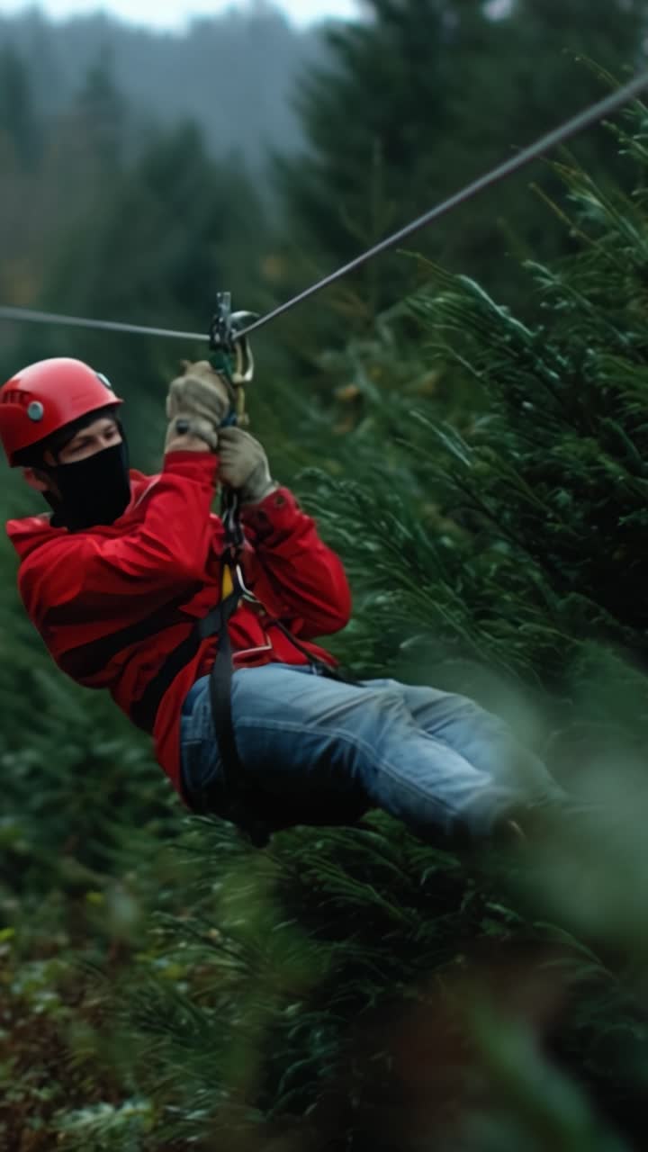 Exciting Zip Lining Adventure Through Dense Evergreen Forest With A Daring Individual Wearing Safety Gear For A Thrilling Experience In Nature's Wonderland