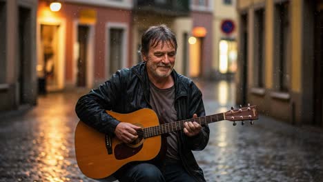 man playing acoustic guitar on a wet city street at night