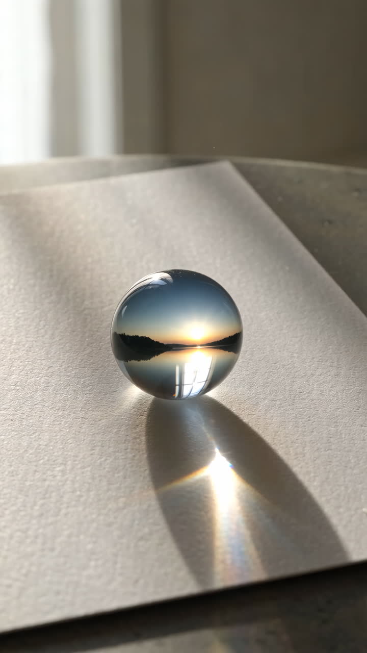 Paesaggio al tramonto riflesso in una sfera di vetro