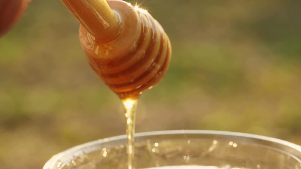 Honey dripping from a dipper, bee flying near
