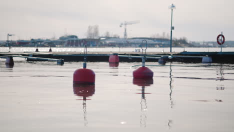 Boyas-Rojas-Flotando-En-La-Superficie-Del-Agua-Cerca-De-La-Costa-En-Un-Puerto