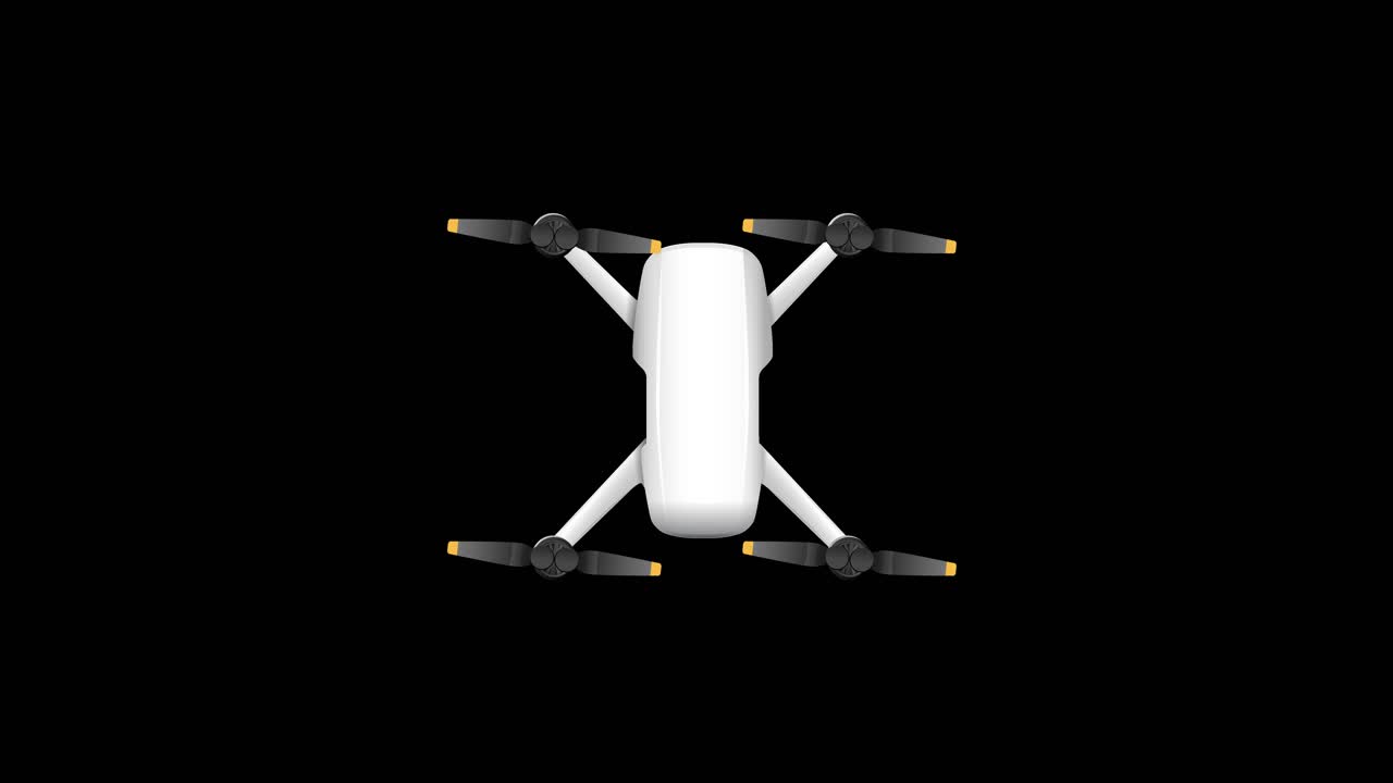 Animation of a drone rotating smoothly on a black background, highlighting movement and design in a 35-second sequence