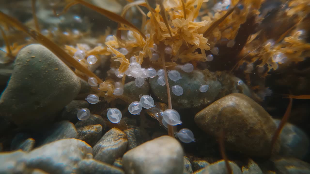 Camera shifting while current causing translucent egg capsules to sway on brown algae at seabed
