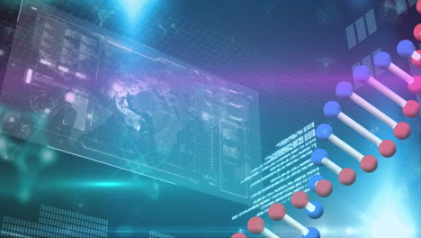 스크린에 다양한 데이터와 함께 공간에서 회전하는 dna 사슬의 애니메이션