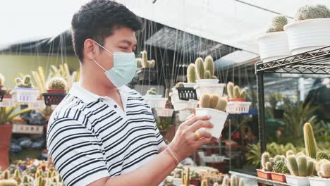 Young-Asian-man-holding-and-observing-miniature-cactus-plants-at-the-nursery