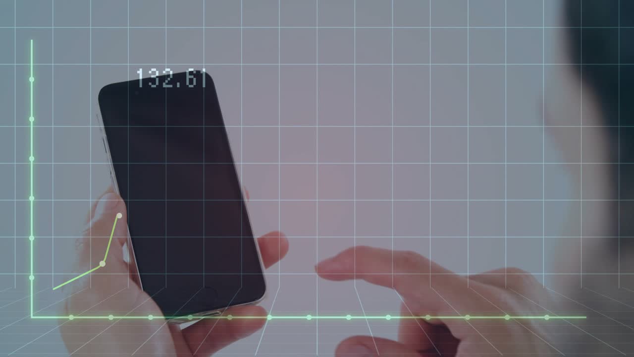 Thumb tapping phone, chart growing then filling then reverting, numbers updating, showing analytics