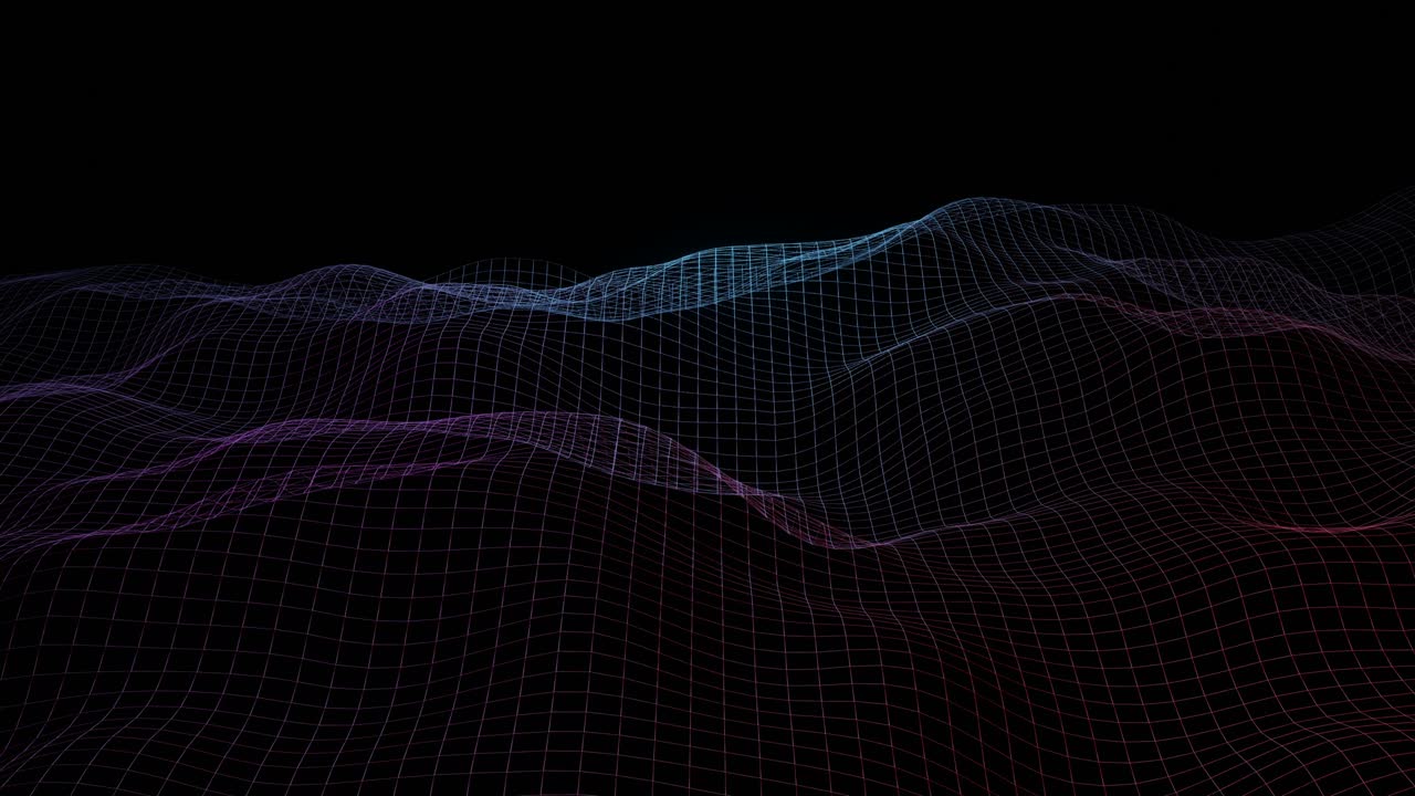 wireframe paesaggio di montagna astratto. ondata in movimento linea collegata blu e viola. tecnologia futura, sfondo di griglia di big data. animazione 3d