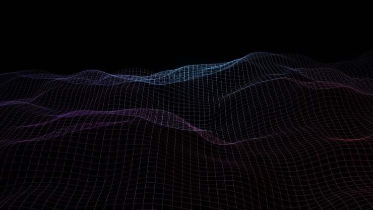 Wireframe abstract mountain landscape. Moving wave blue and violet connected line. Future technology, big data grid background. 3D animation