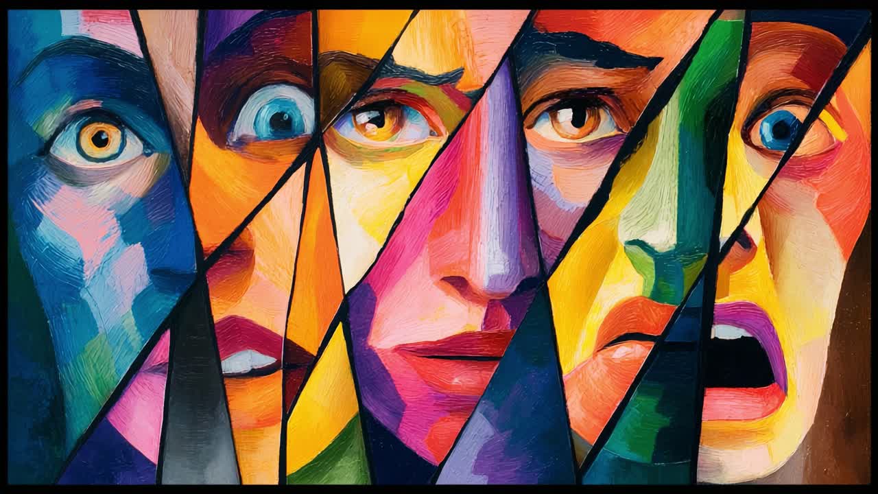 A captivating artistic representation featuring multiple fragmented faces, showcasing a spectrum of emotions through vibrant colors and dynamic expressions, reflecting human complexity and depth