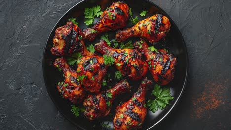 grilled spicy chicken legs on black plate garnished with herbs