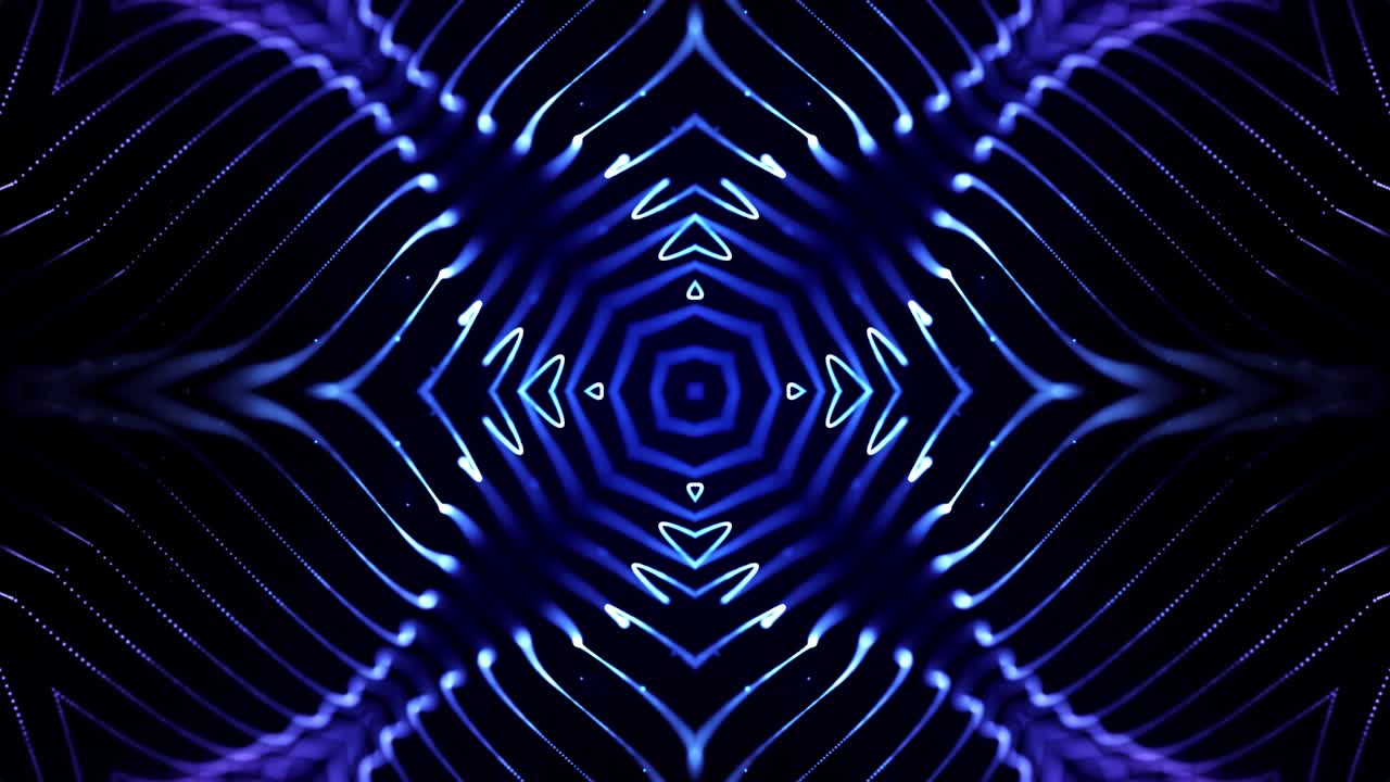 Abstract theme of microworld or nanotechnology. 4k looped sci-fi 3d background with light effects. Glow blue particles form lines, surfaces, complex symmetrical structures like in kaleidoscope.