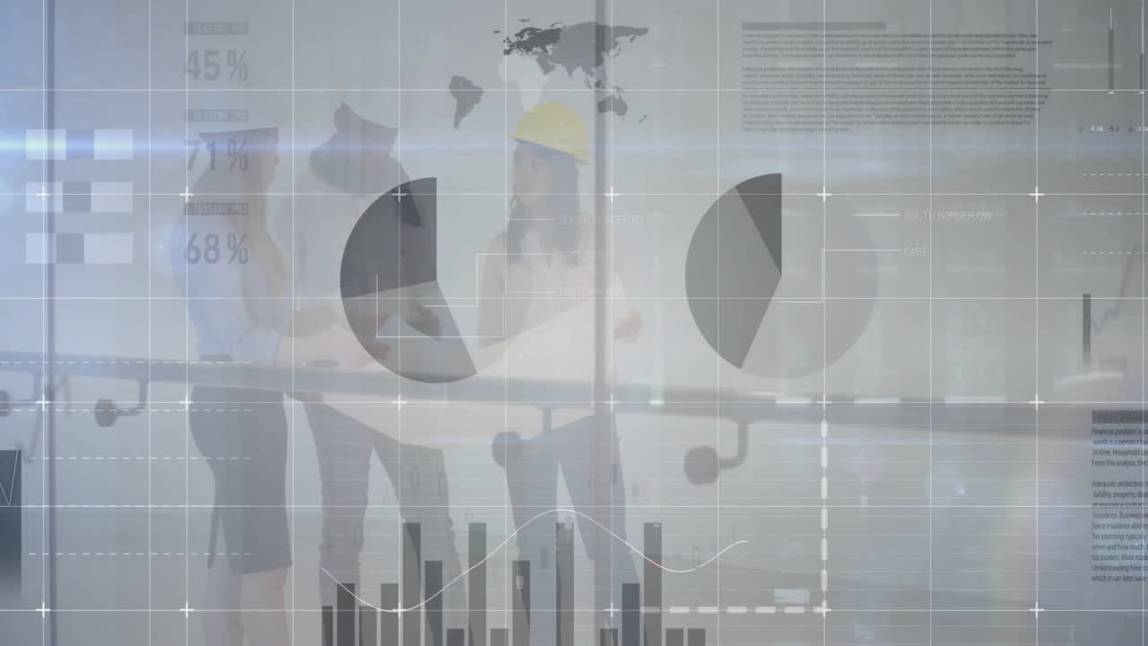 Business professionals discussing data charts and graphs overlaying animation in office