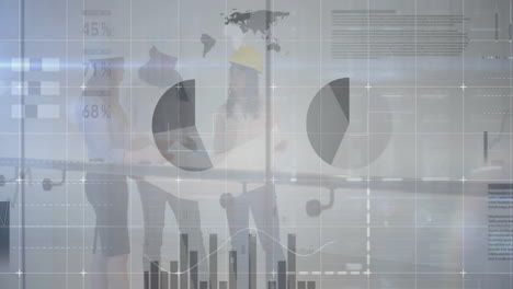 Business professionals discussing data charts and graphs overlaying animation in office