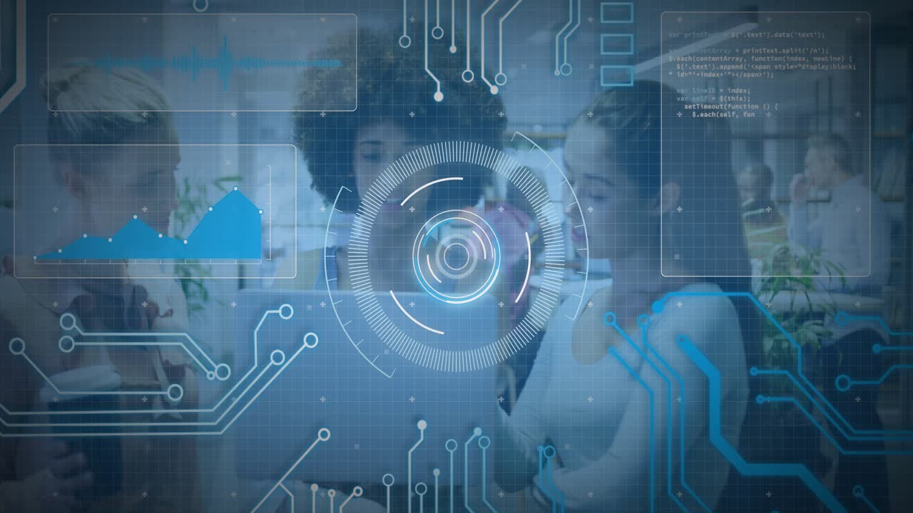 Center man tilting laptop, colleagues reviewing tech data in cafe with HUD overlaying screen, chart