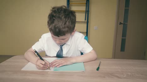 schoolboy does homework writes a pen in a notebook