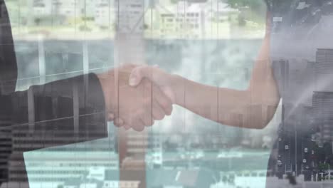 Animation-of-businessman-handshake-over-cityscape