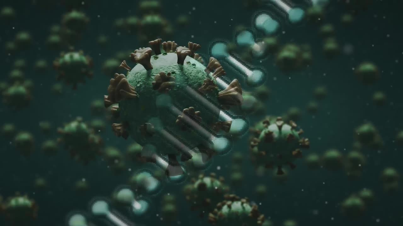 Roterende DNA-struktur og svævende covid-19-celler på blå baggrund med plads til tekst.
