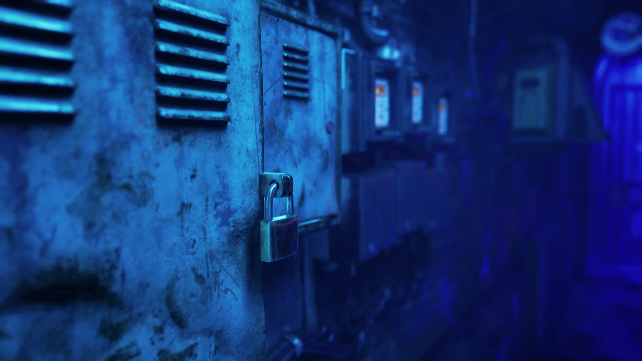 primer plano de una puerta de metal cerrada en un entorno industrial oscuro