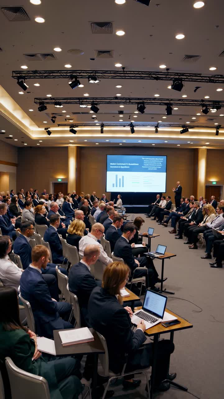 Businesspeople are sitting at desks and using laptops while attending a conference and listening to a speaker presenting charts on a large screen on stage