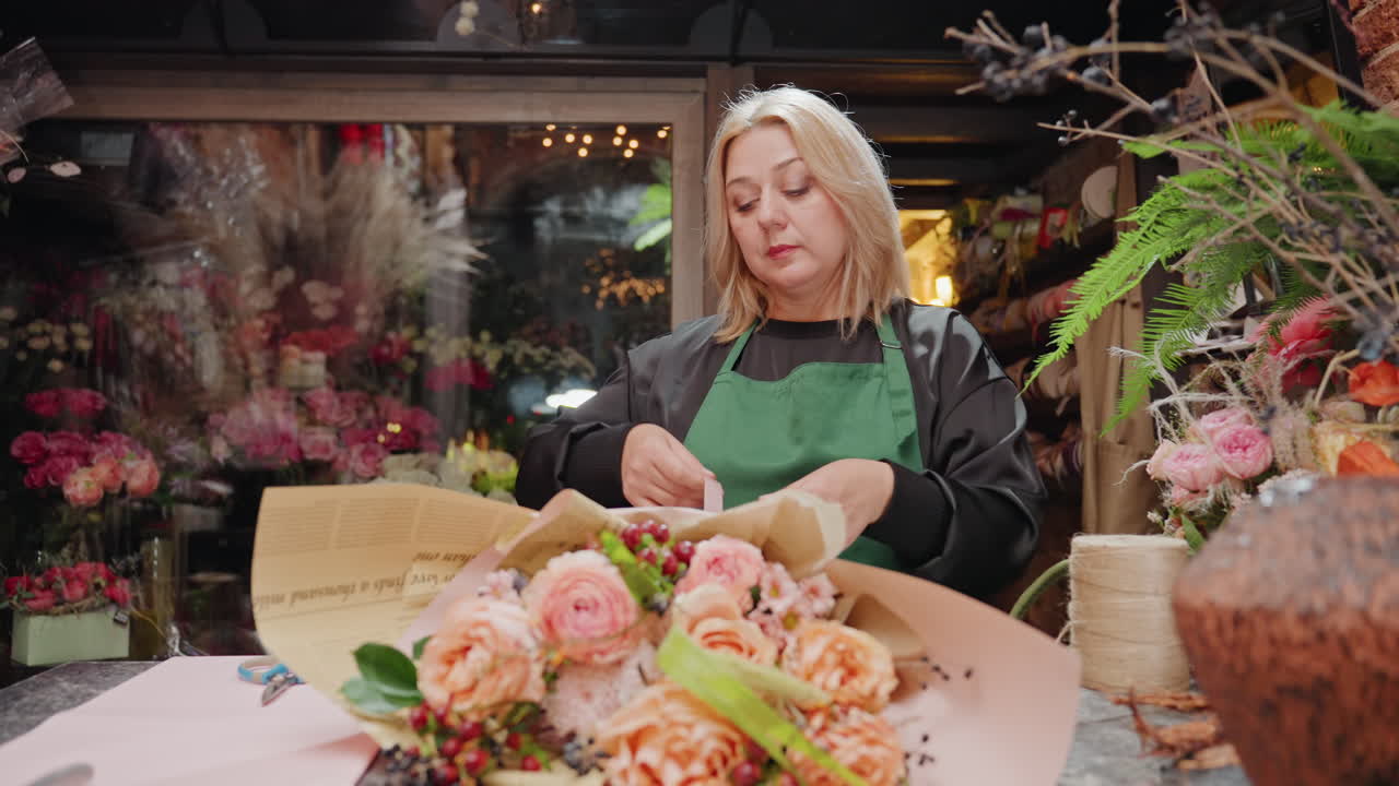 Sıcak bir stüdyoda pembe bir buket hazırlayan çiçekçi, gülleri ve dolgu çiçeklerini elleriyle seçiyor. Mermer tezgahın üzerinde kraft kağıdı, yakınında ise bir sicim makarası bulunuyor. Arka planda kurutulmuş pampas otları ve vazolar, yumuşak bokeh ışıklarıyla beraber hoş bir atmosfer oluşturuyor.