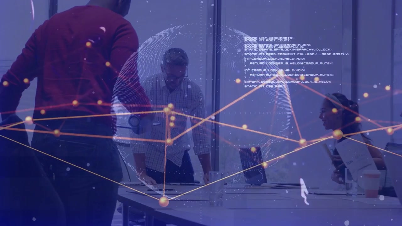 Team leaning at table, man in red joining left urging business planning, globe overlay overhead