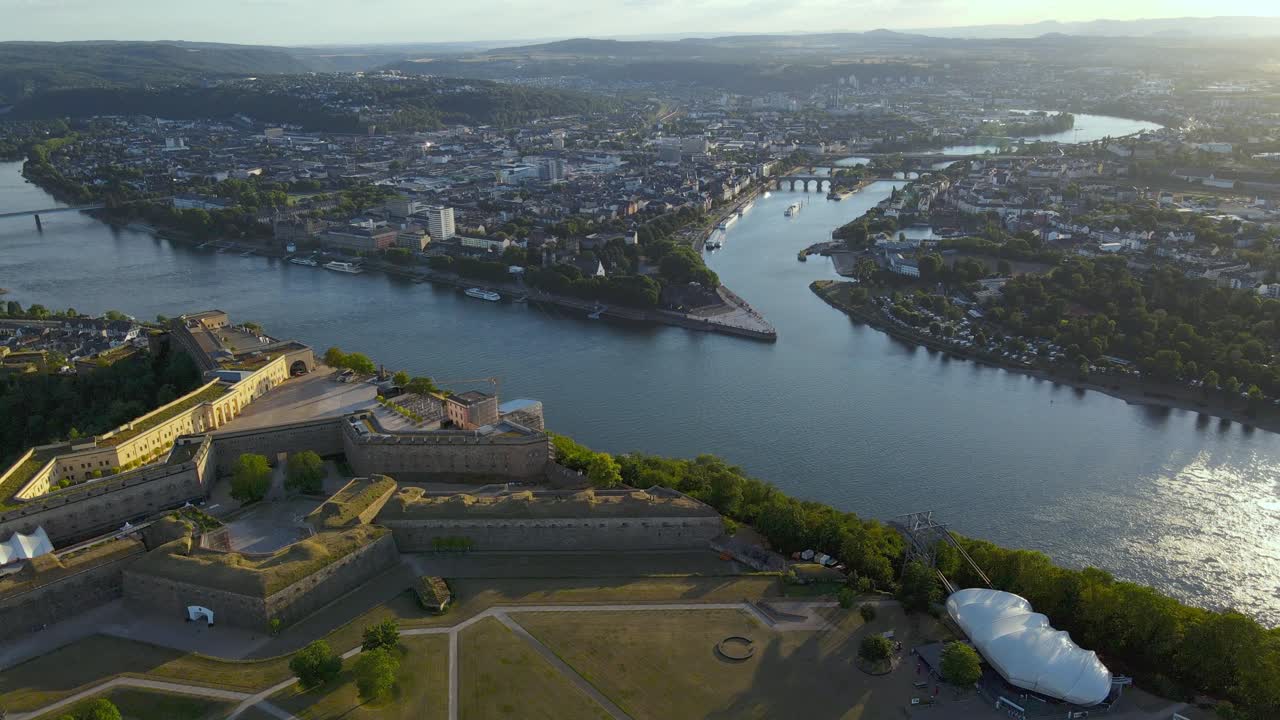 Drone aerial shot of Ehrenbreitstein Fortress in Germany, a UNESCO World Heritage Site built between 1817-1828. Also seen is the Rhine River