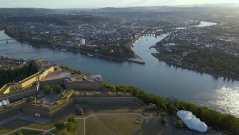 drone aerial shot of ehrenbreitstein fortress in germany, a unesco world heritage site built between 1817-1828. also seen is the rhine river