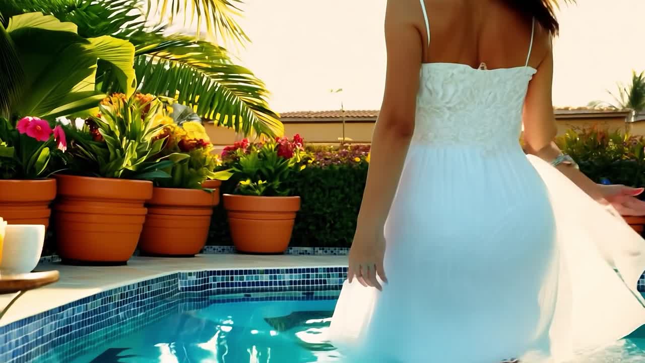 mujer en un vestido blanco relajándose junto a la piscina en un soleado día de verano