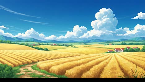 a vibrant, bountiful landscape of golden wheat fields under a brilliant blue sky and fluffy clouds, captured in two stunning frames of animated artistry