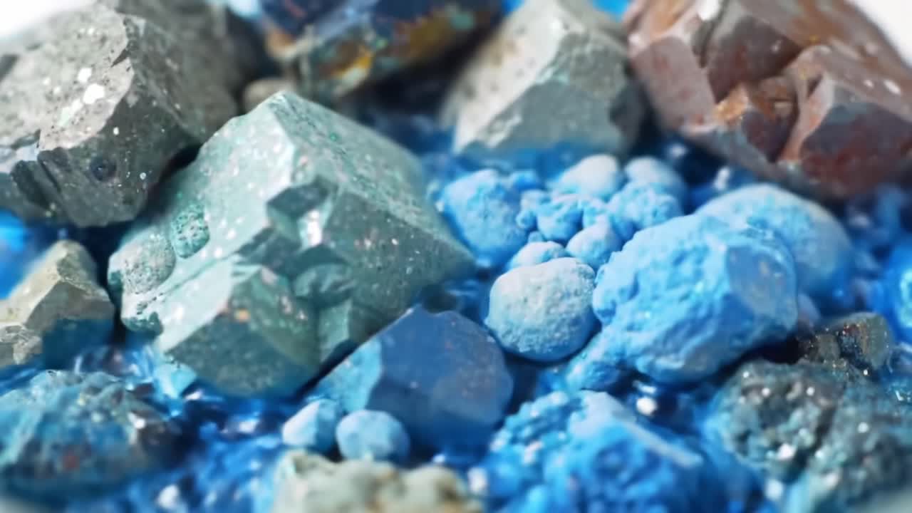 Exploring Colorful Mineral Formations in Vibrant Blue Liquid at a Science Exhibit