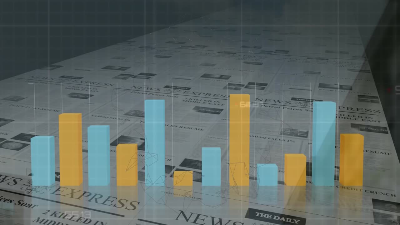 Animation of statistical data processing over newspaper printing against black background