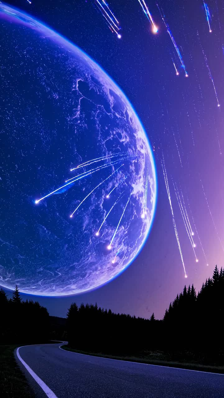 A surreal video concept of a giant moon with shooting stars, viewed from a low-angle