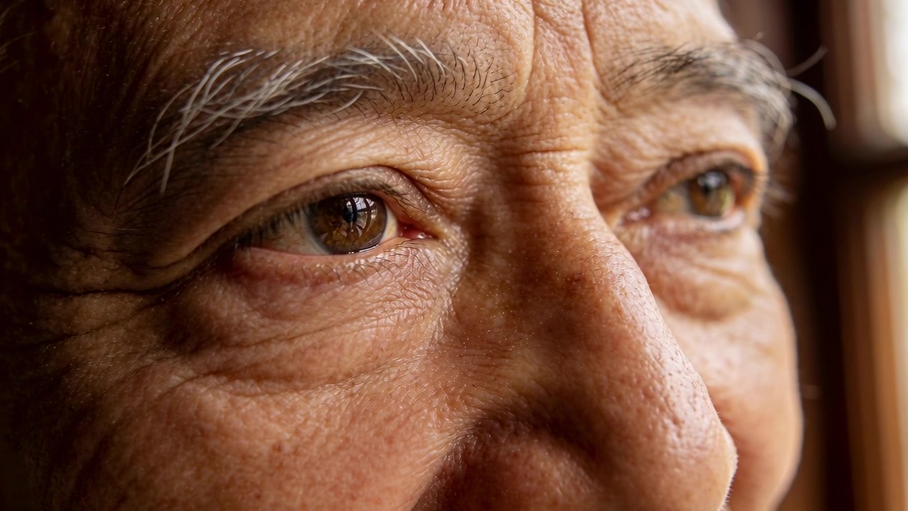 Un anziano che guarda, battendo le palpebre e muovendo lo sguardo, reagendo alla luce intensa della finestra, con la pupilla che brilla, a casa.