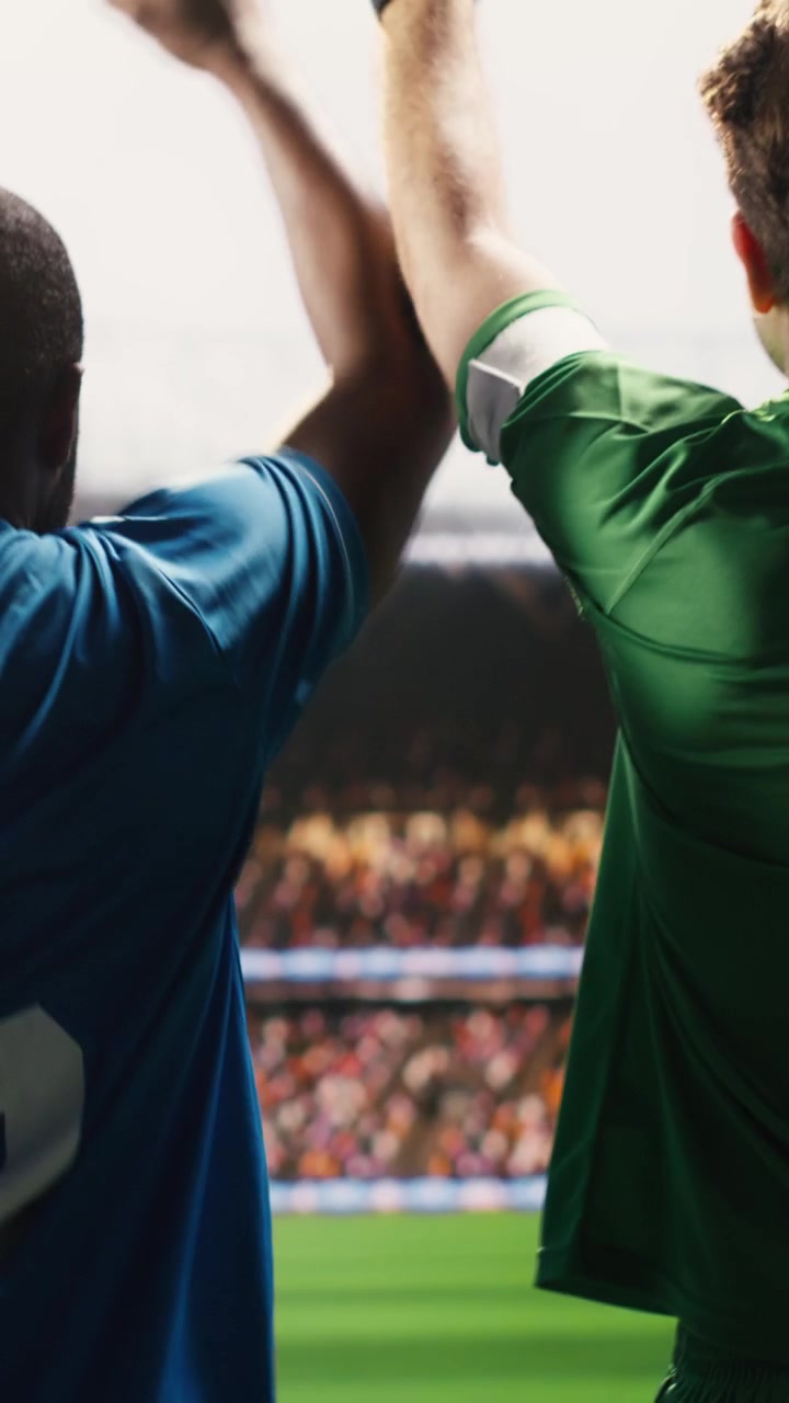 Vídeo Vertical. Vista traseira de jogadores de futebol entrando no estádio e cumprimentando os fãs.