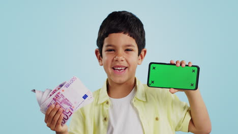 Face-of-kid,-money-or-phone-green-screen-in-studio