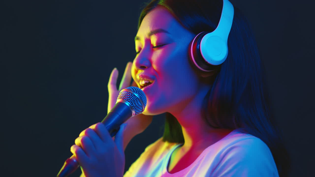 Woman Singing with Headphones and Microphone