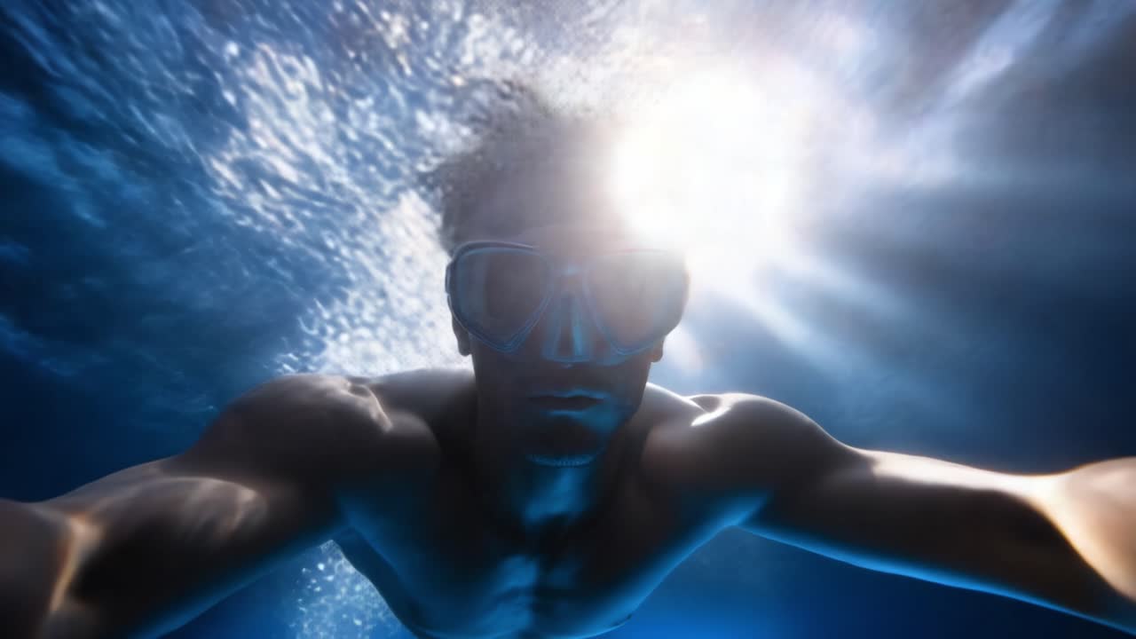 Odważny pływak uwiecznia piękno podwodnej eksploracji, robiąc sobie selfie w krystalicznie czystych wodach oceanu, rozświetlonych promieniami słońca.