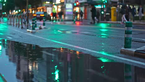 bike lane with puddle on the street, bike and electric scooter passing by the water in a rainy night. light reflecting on the asphalt.