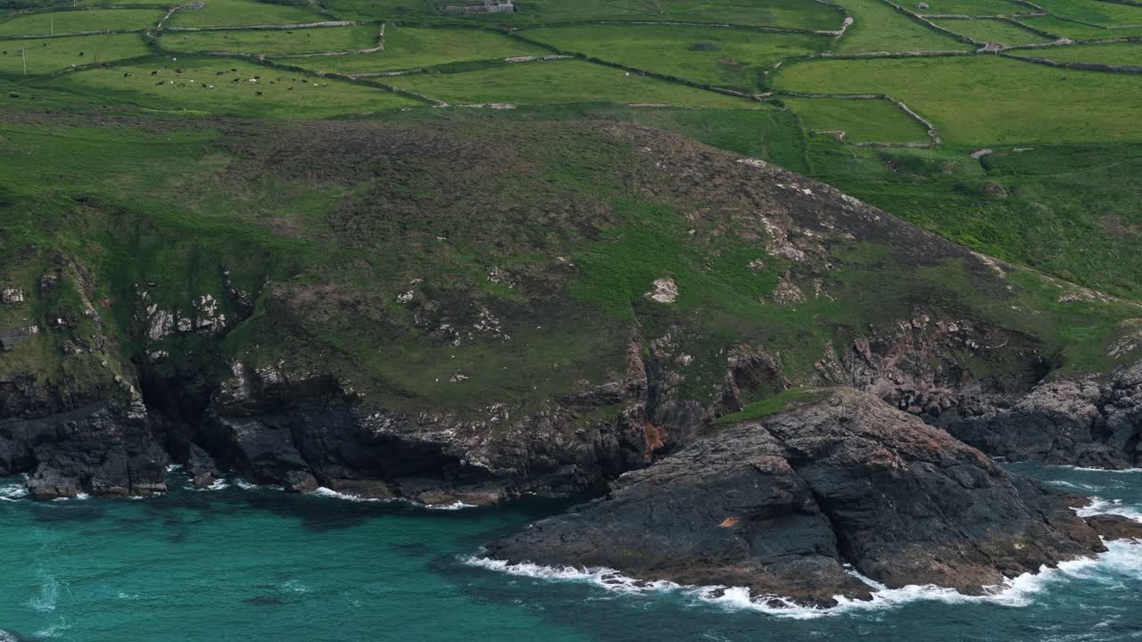 Dolly right over open farmland in Cornwall with dramatic natural scenery and trees above sloping grassy cliffs into green water