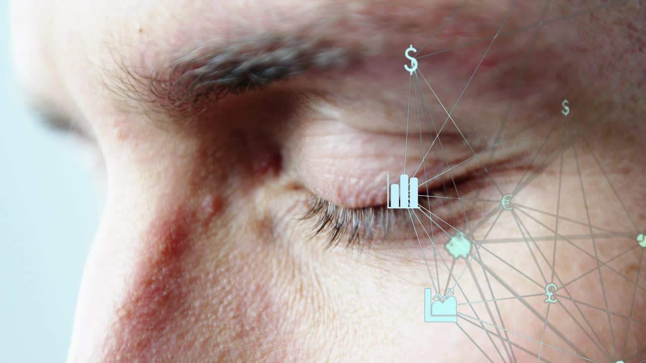 Professional analyzing currency-labeled node network while blinking and initiating chart growth