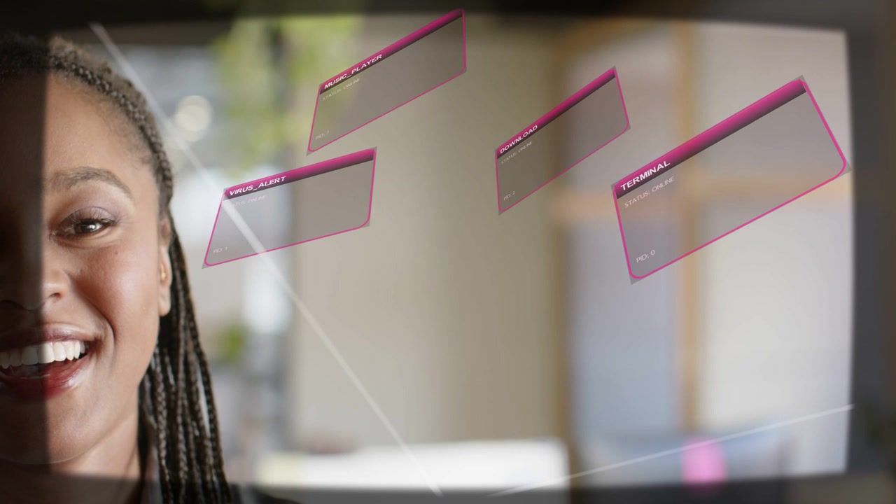 Woman facing left, sweeping cursor causing panels rotating on glass near her, smiling, showing tech