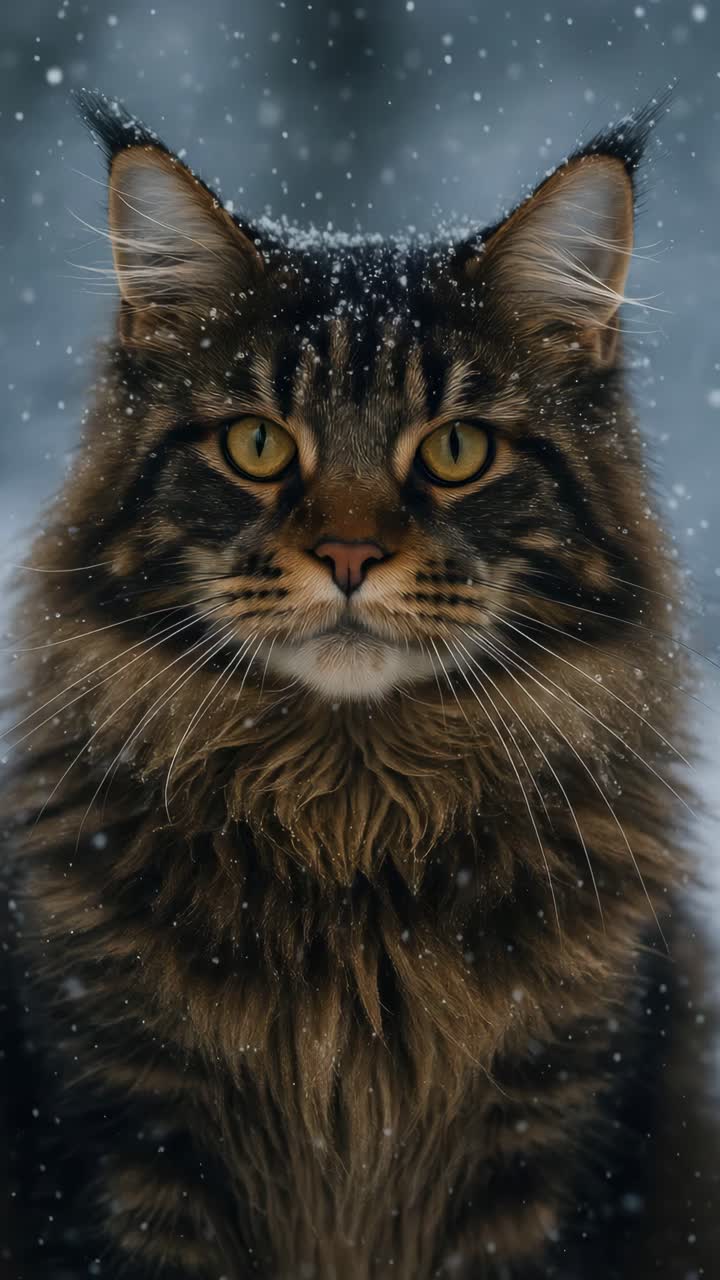 Video ravvicinato di un maestoso gatto Maine Coon sotto la neve. Ripresa da un angolo laterale